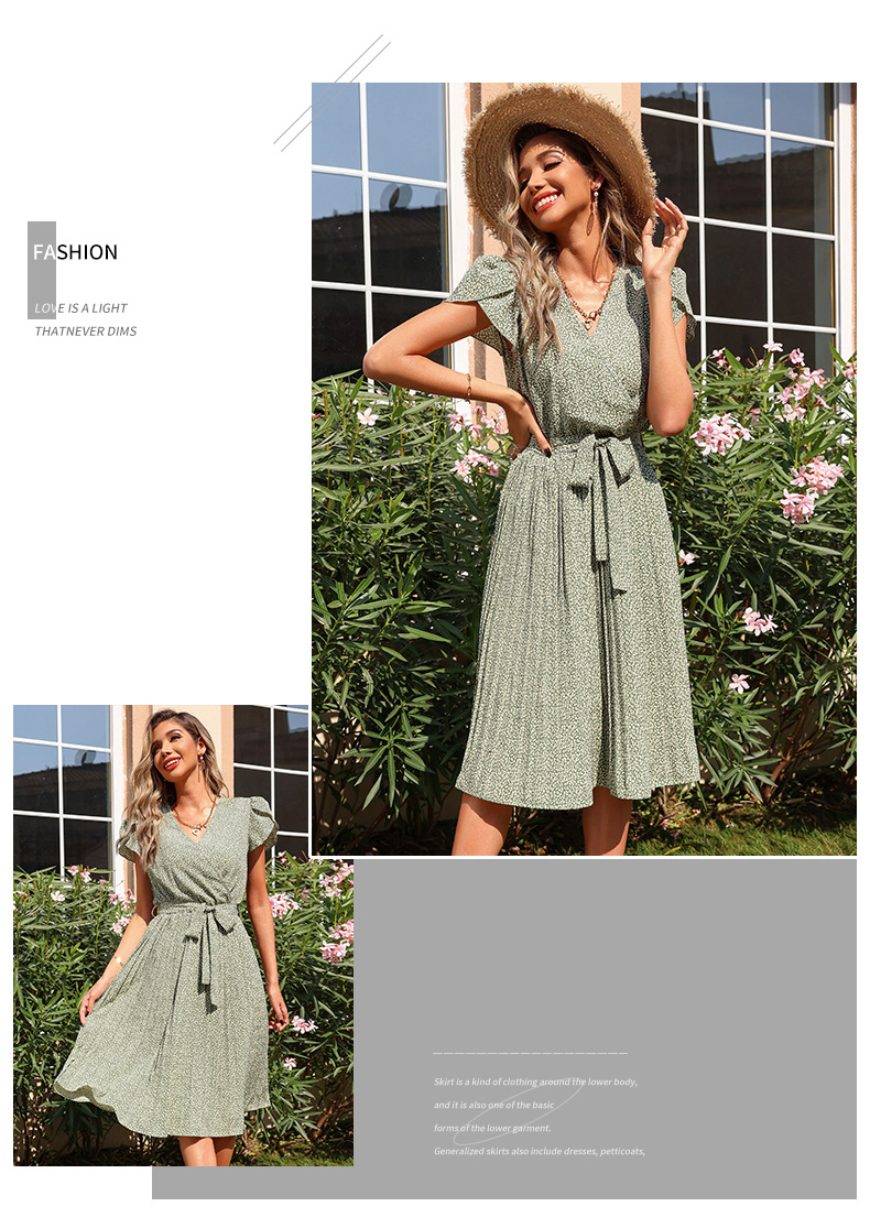 Printed Green Pleated V-neck Dress - Dresses - Uniqistic.com