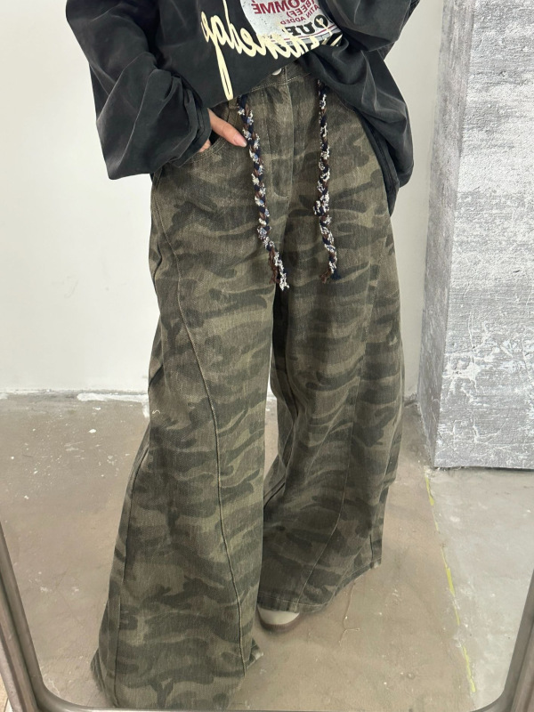 ME KAKAMEE十三行秋美式复古迷彩工装直筒牛仔裤女(配腰带) C0516|undefined
