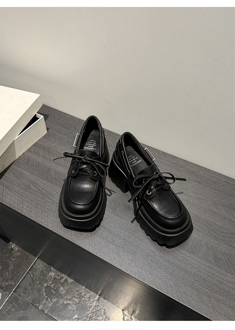 Giày loafer nữ đế xuồng platform dây buộc phong cách Anh quốc – mũi sâu, da bóng, gót 5 cm — Đen (bóng), Đen (mờ) chi tiết 18