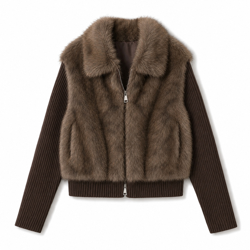 Wholesale for export: AliExpress, European and American cross-border short-style faux fur knitted-sleeve patchwork coat for women, new style