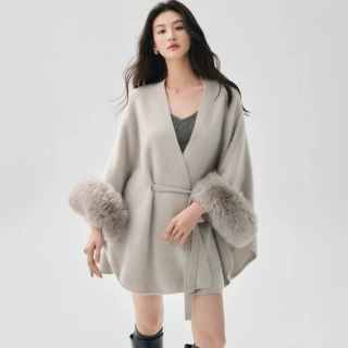 高级感法式优雅风羊绒衫女款长袖V领系带针织外套拼接毛袖保暖厚