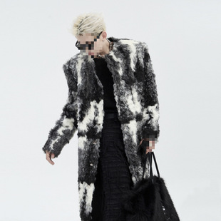 New Stylish 2025 Lamb Wool Color-Block Tie-Dye Plush Jacket Winter Coat Loose Men's Warm Trench Coat Trendy
