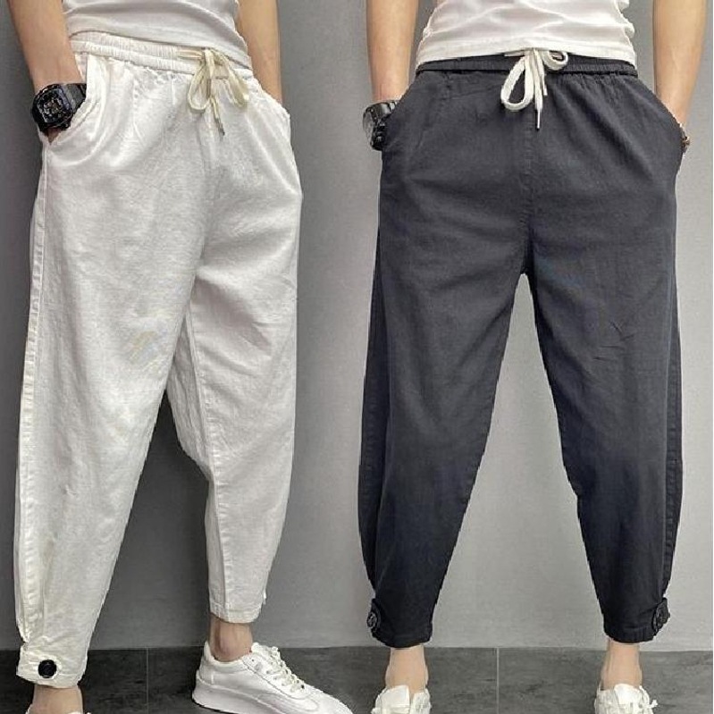 Pantalon décontracté d'été pour jeunes, en coton et lin, coupe ample avec petites jambes, pantalon pour homme de marque tendance chinoise en lin, 2024_voghion.com
