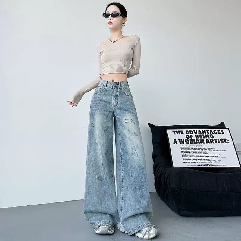 厂家直销美式水洗破洞牛仔裤女2025夏季高腰宽松拖地拼接阔腿裤