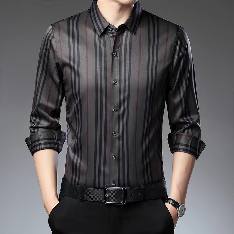 Men's Lapel Long Sleeve Striped Shirt Spring and Autumn Thin Business Casual Dark Middle-aged Dad Cross-border Shirt
