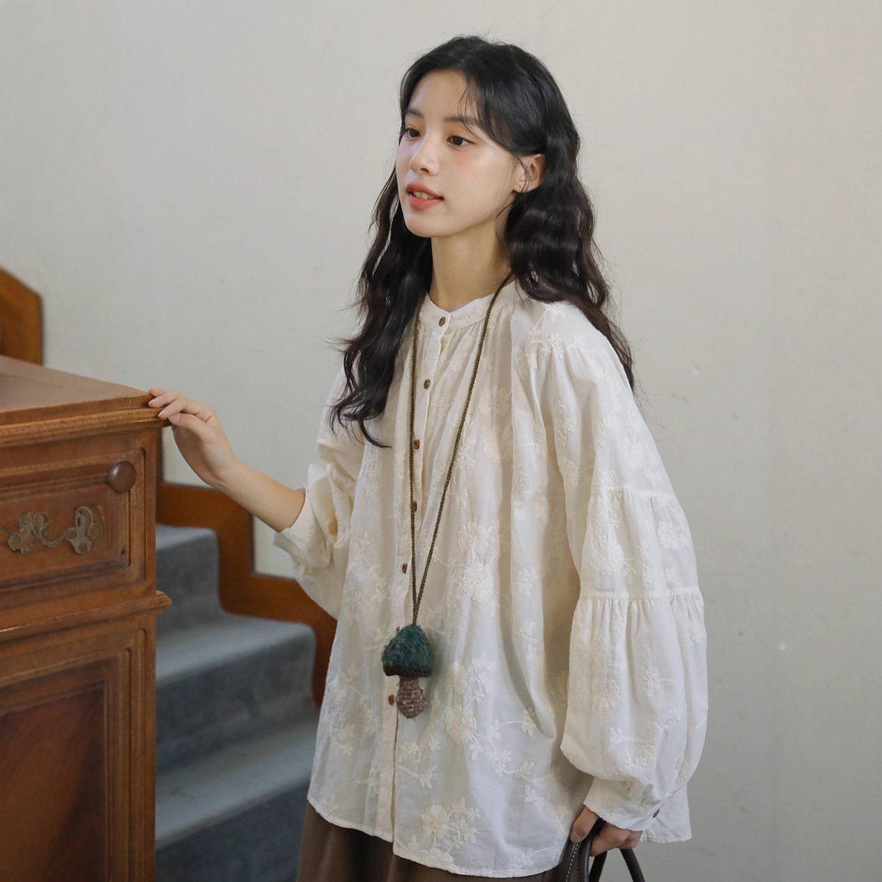 实拍 法式设计感重工刺绣纯棉衬衫女秋季日系复古高级感衬衣上衣