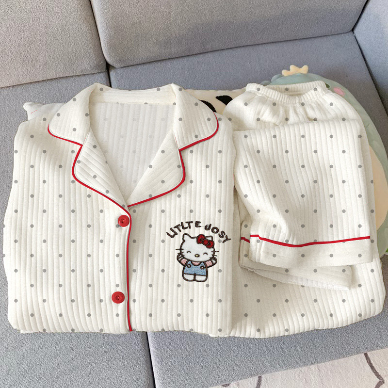 헬로 키티 에어 코튼 파자마 여성의 겨울 두꺼운 샌드위치 일본 스타일 귀여운 웨이브 도트 학생 홈 의류 세트