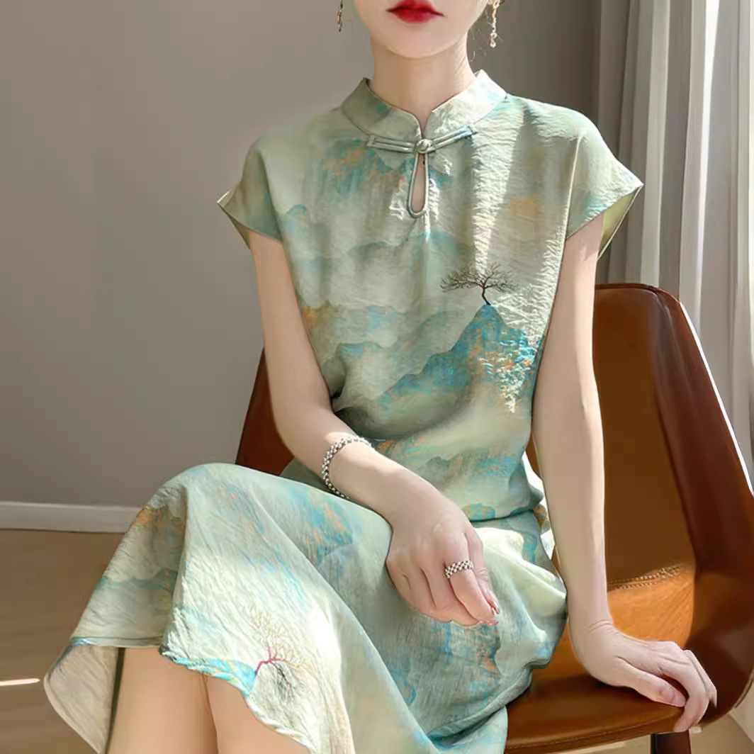 2024 Spring/Summer Women's Retro Slimming Dress, Tencel Cotton New Chinese Style Long Modified Cheongsam_ecoleips.com