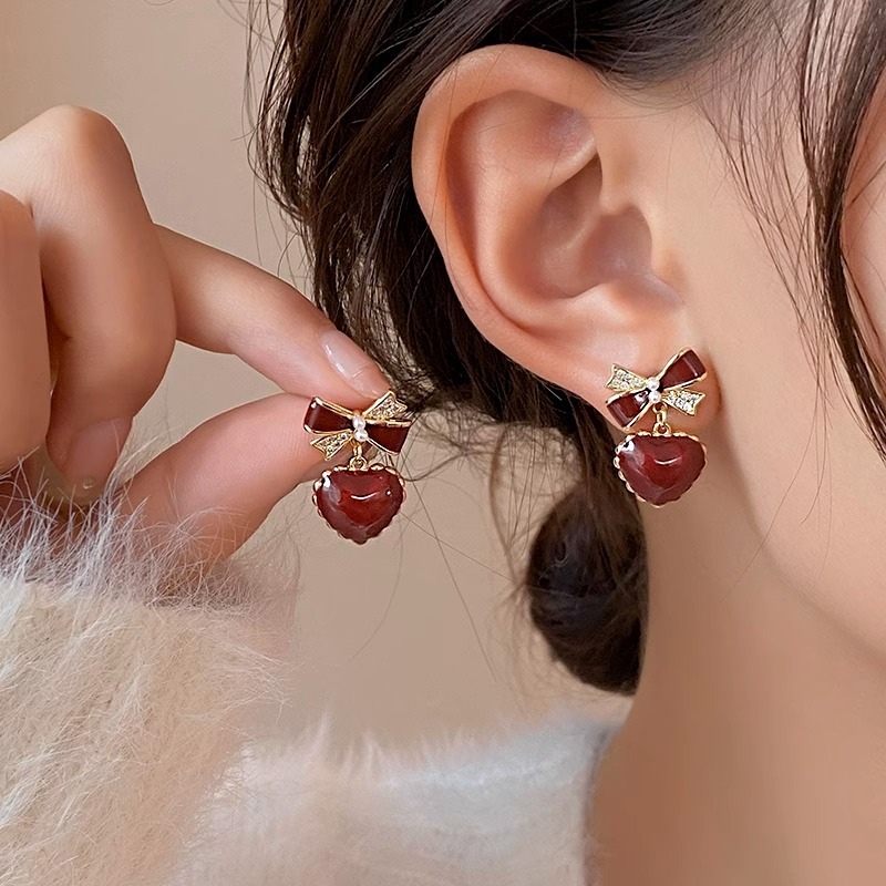 burgundy retro earrings with bow heart-shaped