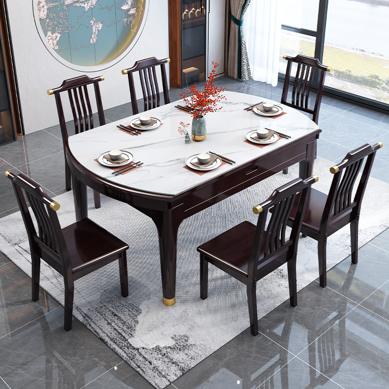 New Chinese Style Rock Plate Dining Table Solid Wood Small Apartment Household Telescopic Folding Fangyuan Dual-purpose Multi-functional Variable Round Dining Table