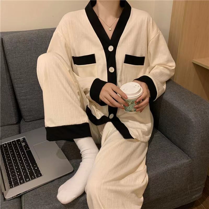 Pijamas coreanos al por mayor transfronterizos pantalones de manga larga primavera y otoño cardigan de cuello en V contra el color del collar dulce conjunto de ropa para el hogar