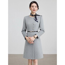 加厚灰色羊毛呢外套女中长款高级大衣酒店珠宝店售楼部职业工作服