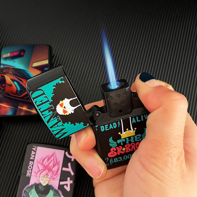 Factory Direct Sale Cartoon Color-Printed Electrophoresis Black Metal Inflatable Windproof Lighter, Creative Gift for Boyfriend, Non-Kerosene Model