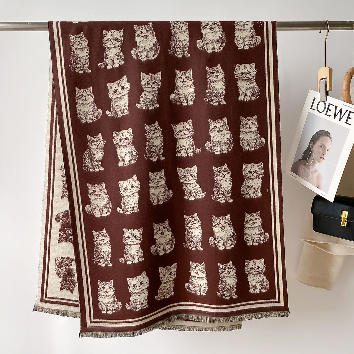 2024 nuevo japonés y coreanos encantadores gatitos impresión de doble cara bufandas de cachemira corta invierno gruesa bufandas cálidas para mujeres