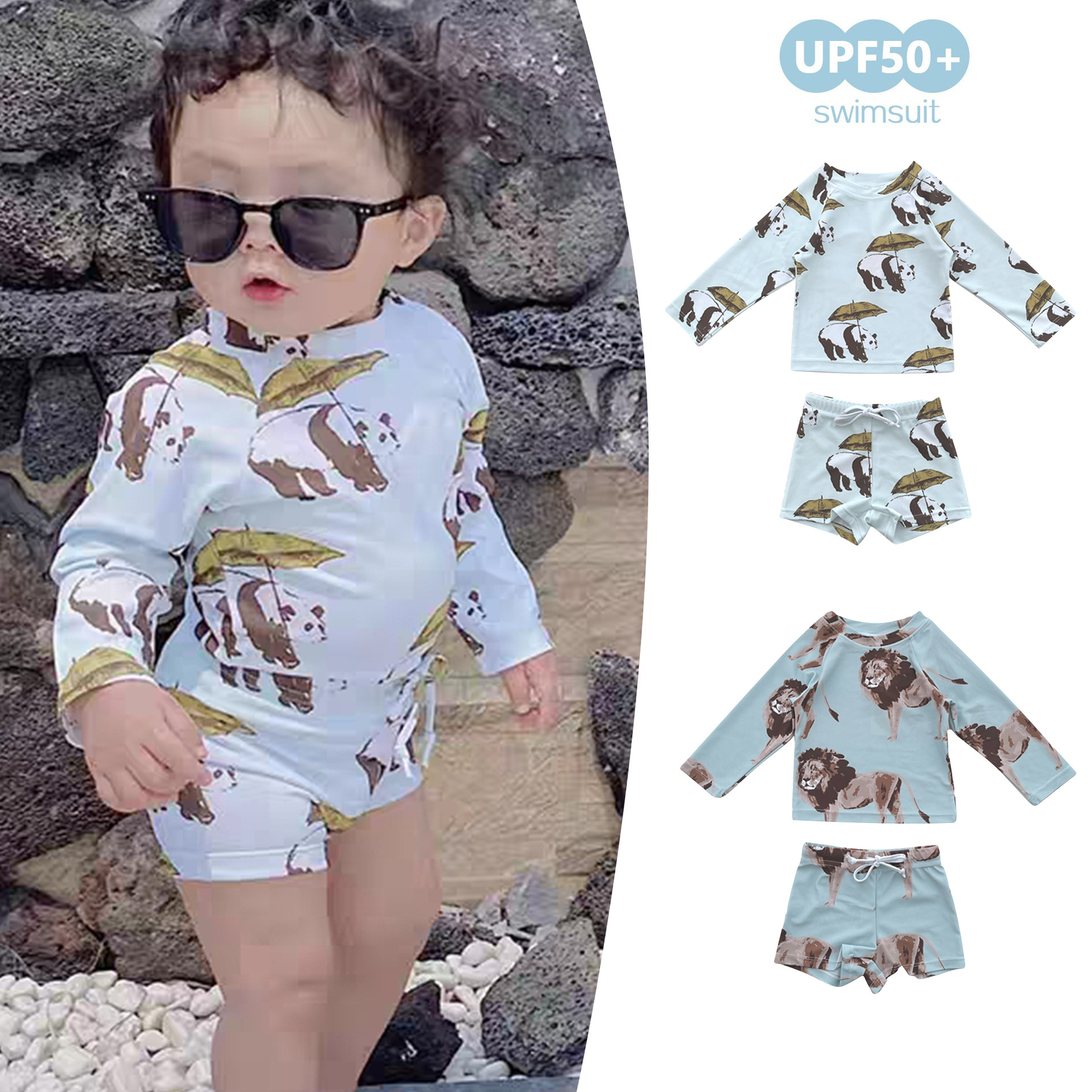 Boys Cartoon Panda Split Swimsuit Summer Kidsren Ins Style Swimsuit Baby Long-Sleeved Sun Protection Vacation Swimsuit