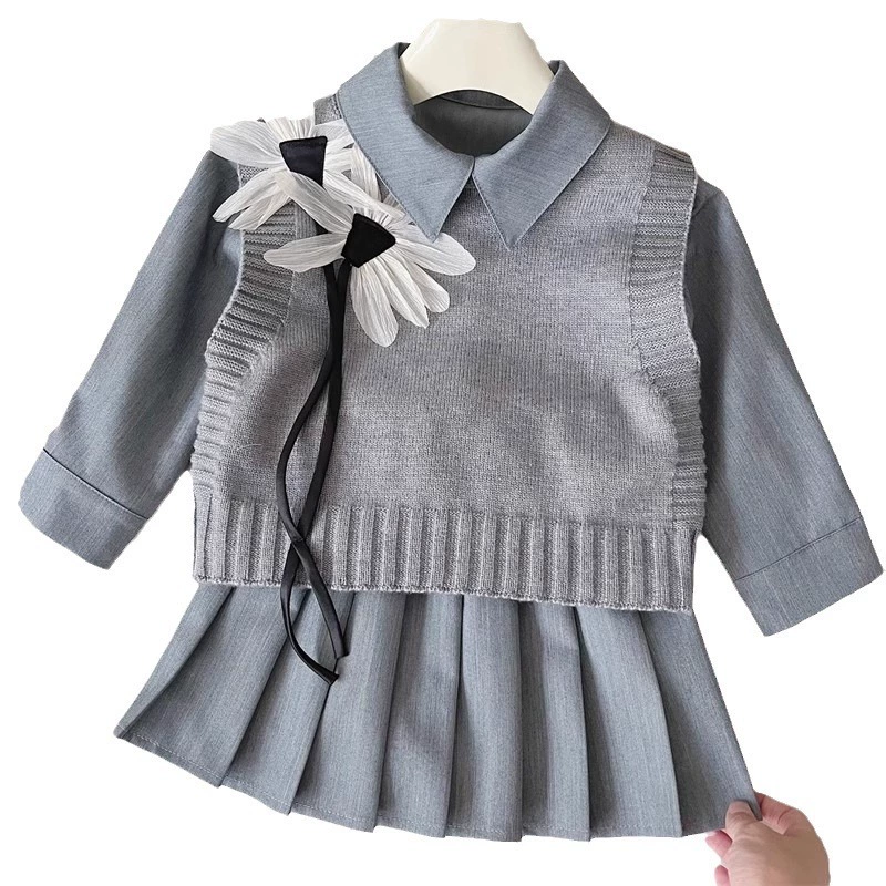 Осенний набор, детская трехмерная рубашка, вязаный жилет, плиссерованная юбка, интернет-знаменитость, западный стиль, цветочная
