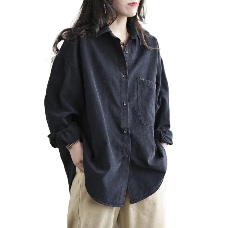 日系原单文艺复古2025秋季新款落肩袖外套女宽松显瘦翻领黑色衬衫|undefined