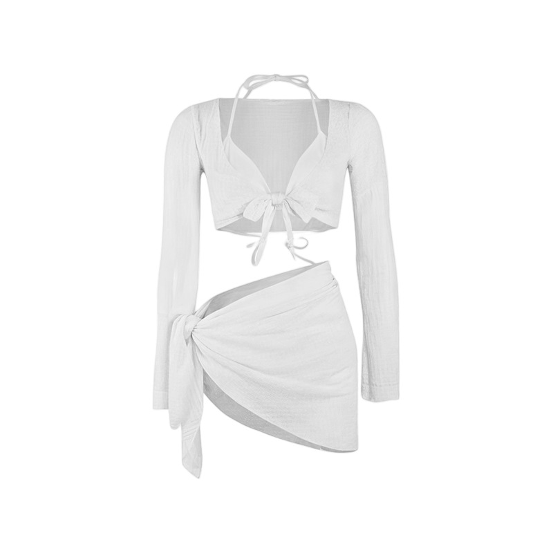 Traje de baño para mujer 2025 bikini de cuatro piezas de color sólido dividido de alta gama traje de baño de vacaciones de aguas termales de playa sexy