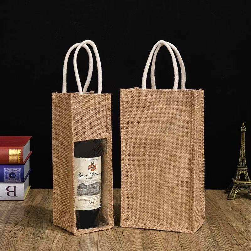 Red Wine Bag Ready-Made Wine Gift Bag Transparent Jute Tote Bag Single and Double Famous Wine Packaging Bag Wholesale