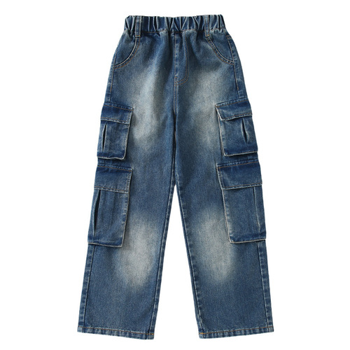 Cross-border children's pants for girls and boys, hip-hop style jeans, spring items for middle-aged children, trendy work pants for children, autumn wide-leg pants, fashion.