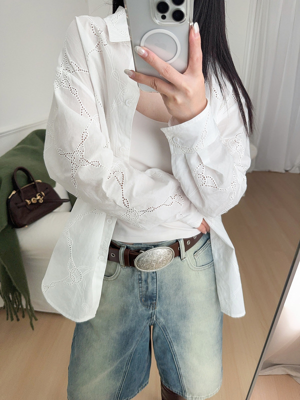 SW 純綿白刺繍シャツ女性のための 25 秋の新しい緩い気質白シャツ通気性トップ|undefined