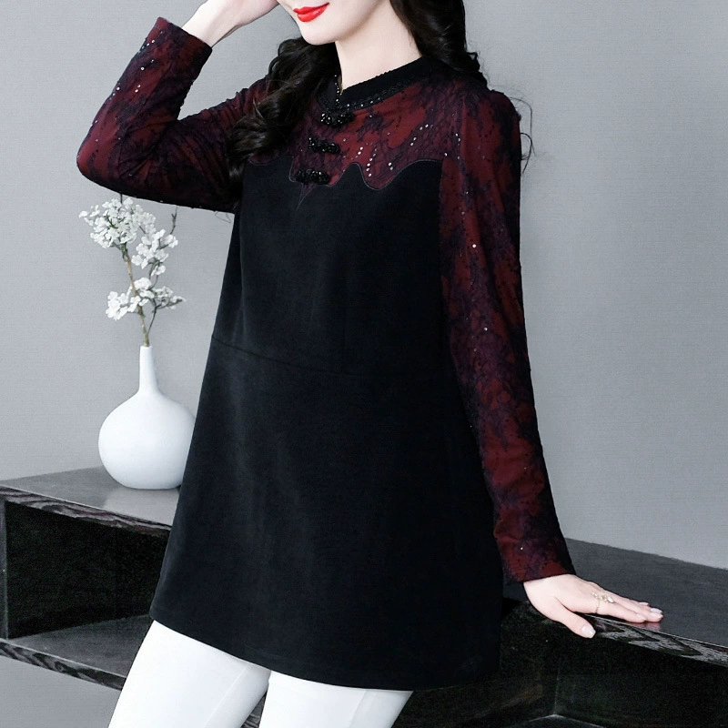 Осенний и зимний темперамент модный новый китайский стиль кружева кружева пряжка ручной работы с вышивкой легкая роскошная нижняя футболка рубашка большой размер женщина