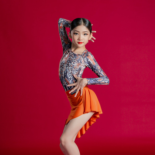 Orange leopard Girls Latin Dance Dress long-sleeved round collar fission Latin performance under training kids salsa latin learning competition dance outfits