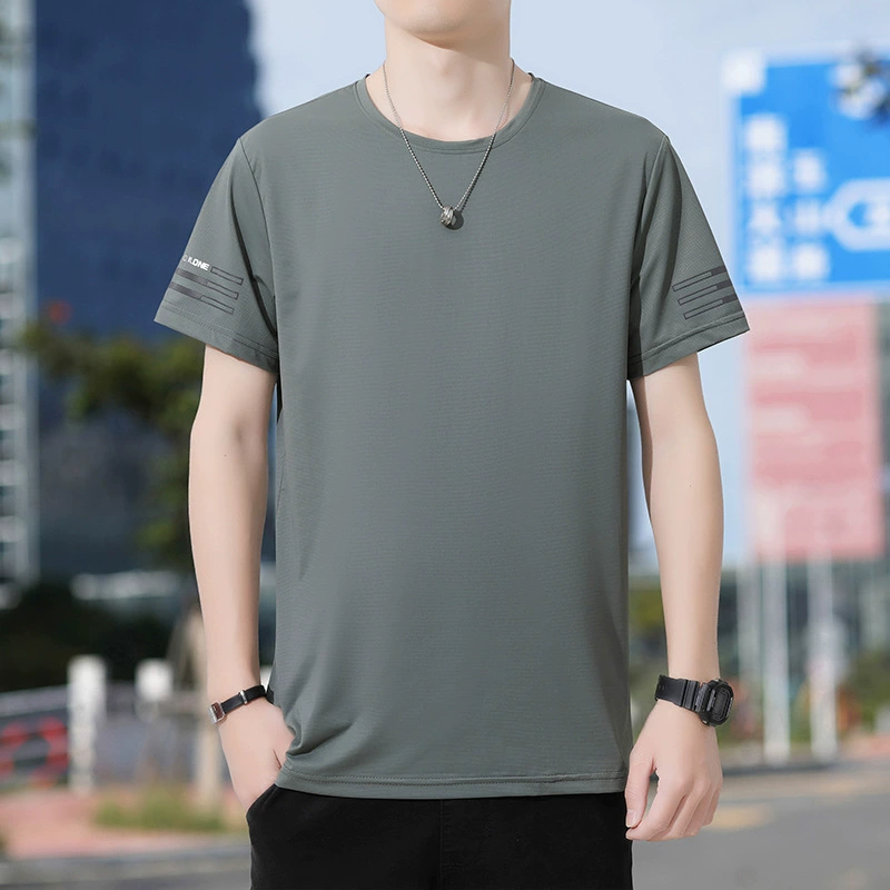 Новая летняя мужская футболка больших размеров из ледяного шелка, эластичная, дышащая, с коротким рукавом, круглым вырезом, быстросохнущая.
