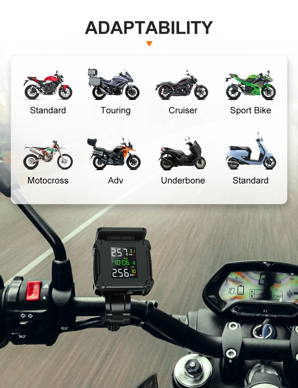 Motorcycle Tire Pressure Monitor, Motorcycle Tire Pressure Solar-Powered High-Precision Sensor Detector, Portable