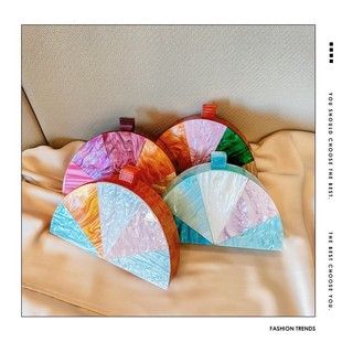 Women's European and American New Stitching Color Crosbody Bag Semi-circular Acrylic Bag Fashion Wedding Dinner Clutch Bag