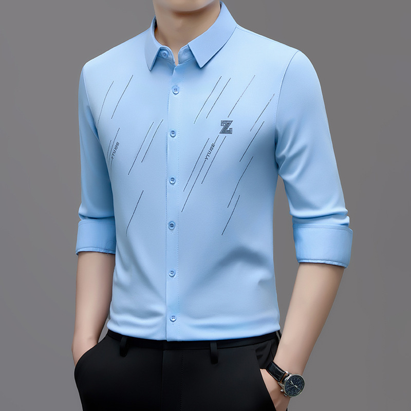 Tiktok Popular Men's Autumn Long-Sleeve Shirt Business Top Versatile Loose Shirt Slim High-End Printed Wrinkle-Resistant