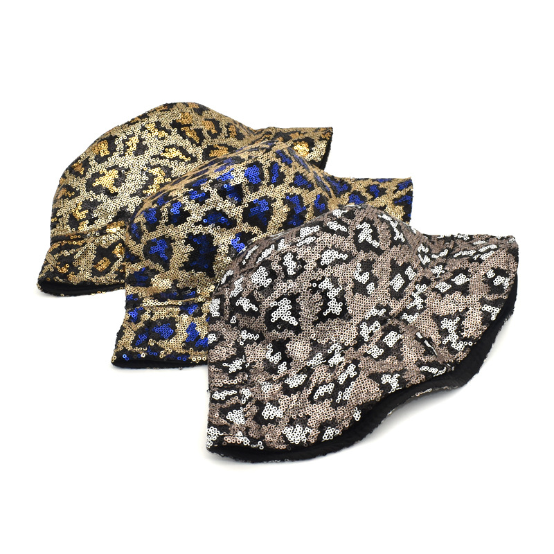 Solid Color, Leopard Pattern Summer, Spring, Autumn Season Unisex Shiny Solid Color Leopard Sequins Flat Eaves Bucket Hat