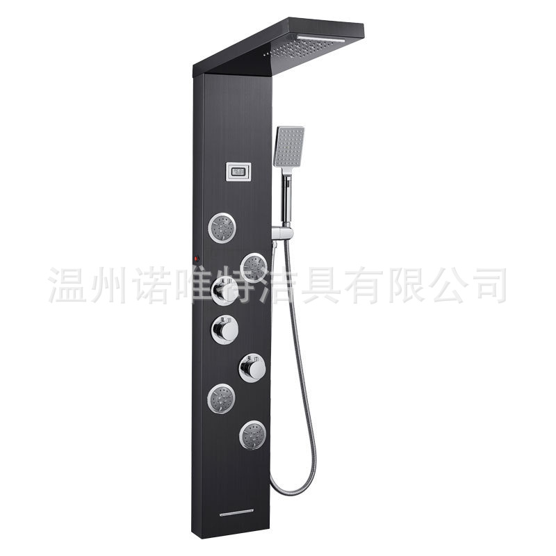Intelligent Temperature Display Shower Panel, Stainless Steel Wall-Mounted 5-Function Black Shower Set, Factory Direct Sales