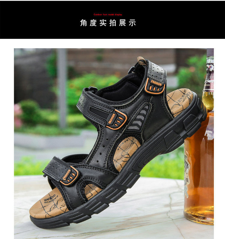 Dép sandal nam da bò hở mũi đế dày, quai buộc thoáng khí cỡ lớn — màu đen, vàng, Màu nâu chi tiết 21