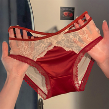 红酒绯梦~女士本命年性感纯欲风红色法式缎面镂空细带内裤女蕾丝