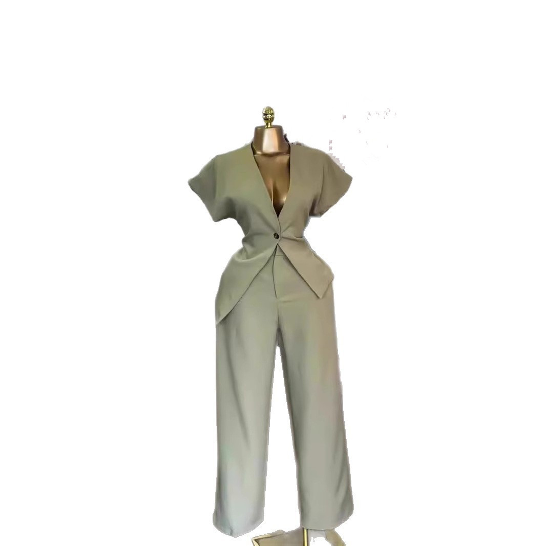 Summer Women's Solid Color Suit Short Sleeve Single Button Top Straight Leg Pants Set American Style Polyester_voghion.com