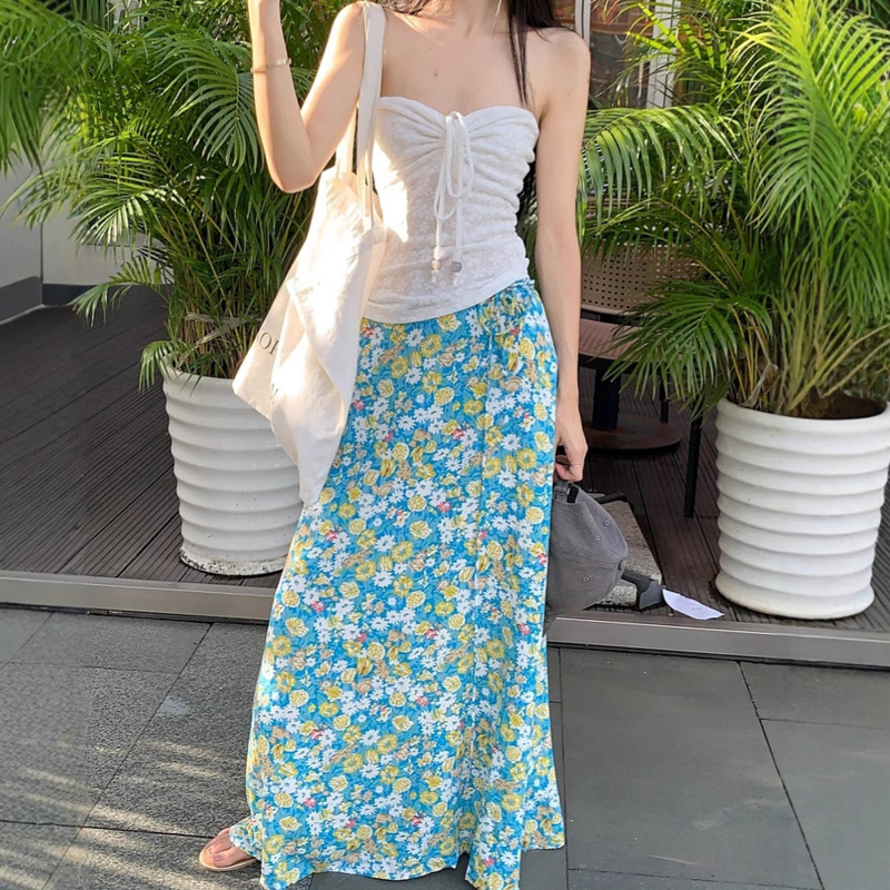 女性用巾着チューブトップ+ブルー花柄スカート夏の新しい海辺のリゾートスタイルのツーピーススーツ|undefined