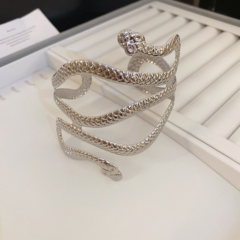 Brazalete de serpiente de doble cabeza envolvente de viento frío de metal europeo y americano, pulsera de todo fósforo de personalidad de alta gama, brazalete de lujo ligero transfronterizo femenino
