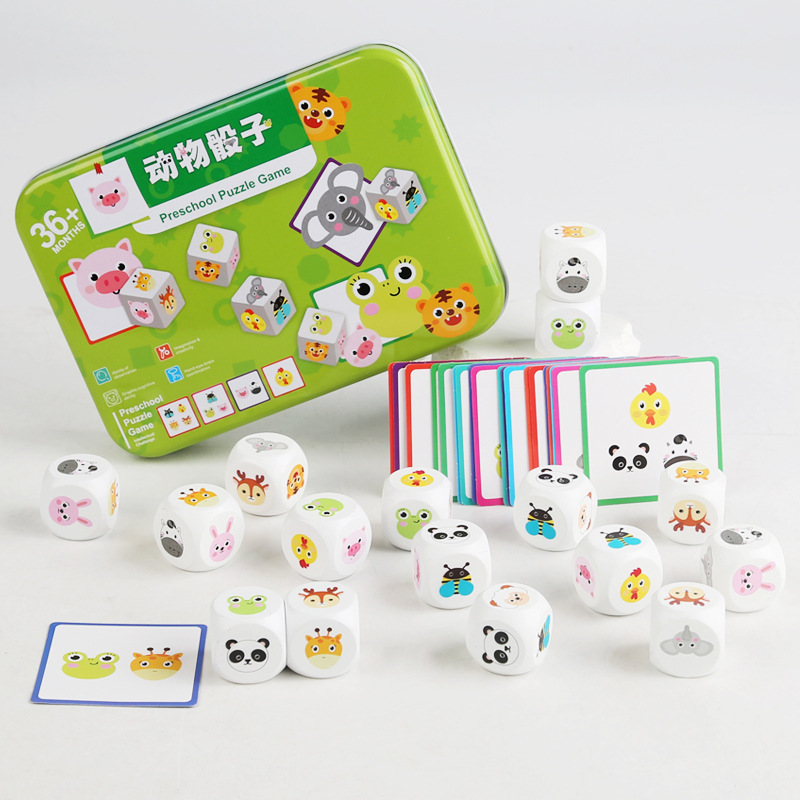 Wooden Kidsren's Animal Dice Cognitive Early Education Pattern Cognitive Family Interactive Card Matching Puzzle Educational Toy