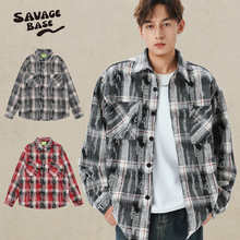 2025秋冬厚款欧美跨境美式嘻哈做旧磨损纹理长袖格子衬衫外套男女