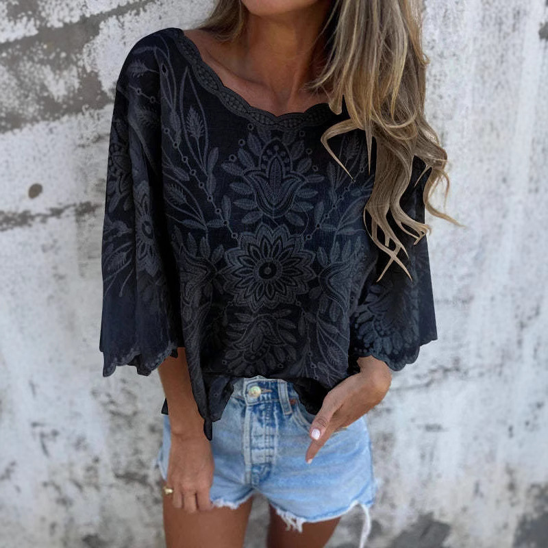 2025 European and American Lazy Style Jacquard Hollow Lace Shirt Women's Summer Loose Elegant High-grade Slimming Irregular Top