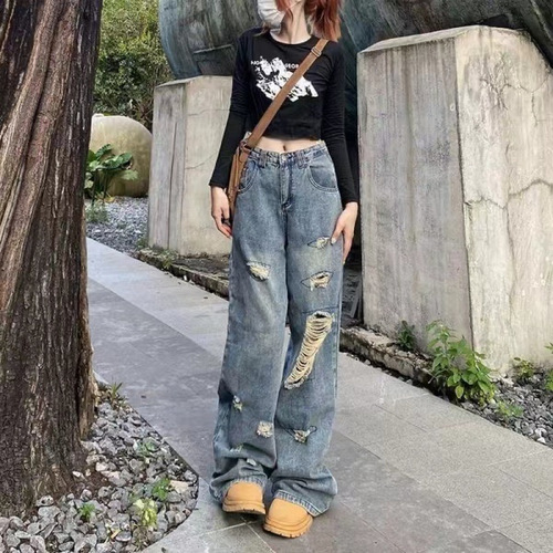 Women's Summer High-Waist Slim-Fit Straight Leg Wide Leg Jeans with Rips