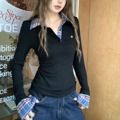 韓系の小衆の偽の2つの格子縞はニットの女性の春秋のデザイン感をつなぎ合わせます。