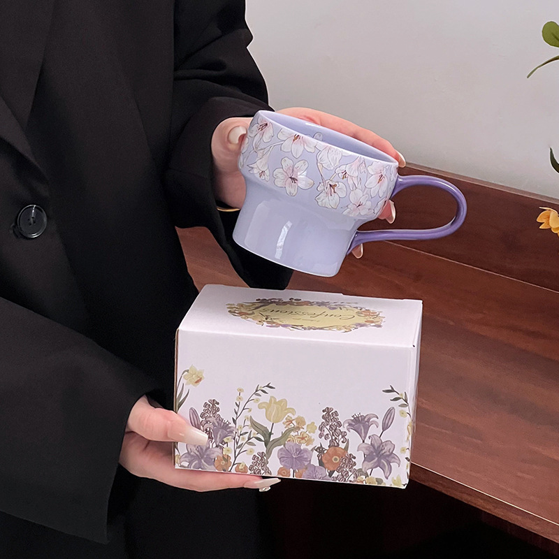 Taza de cerámica de flores taza de desayuno de avena tazón de calentamiento de leche flor brocade taza de café plato tazón