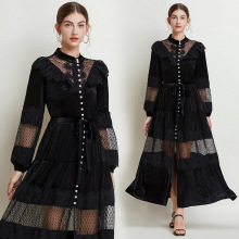 高级感复古镂空蕾丝拼接金丝绒连衣裙女法式名媛珍珠扣收腰长裙子