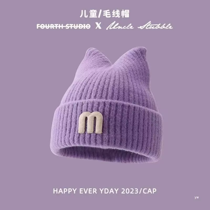 儿童护耳帽秋冬新款简约字母标针织帽男女宝宝加绒加厚保暖毛线帽