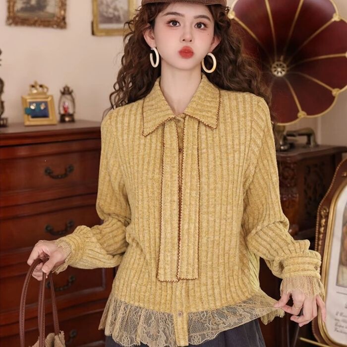 Trendy layered design long-sleeve shirt with tie and lace splicing for women, suitable for autumn and winter, slimming and versatile niche top Trendy layered design long-sleeve shirt with tie and lace splicing for women, suitable for autumn and winter, slimming and versatile niche top