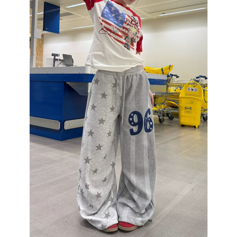Patchwork Color-Blocking American-Style All-Over Star Print Sweatpants for Women, Spring and Summer Casual Sports Wide-Leg Pants, High Street Drapey Straight-Leg Pants Patchwork Color-Blocking American-Style All-Over Star Print Sweatpants for Women, Spring and Summer Casual Sports Wide-Leg Pants, High Street Drapey Straight-Leg Pants