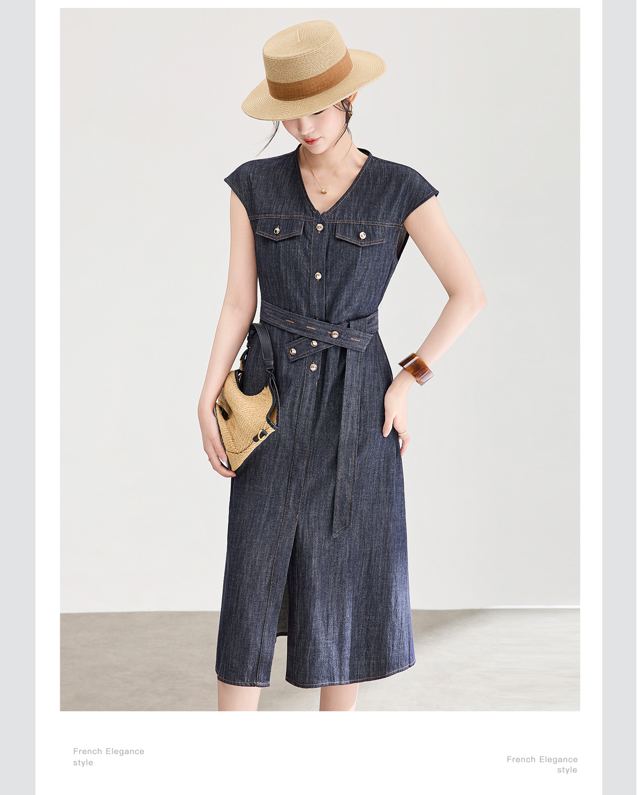 Váy denim nữ cổ ve sành điệu dáng suông midi — xanh đậm chi tiết 8