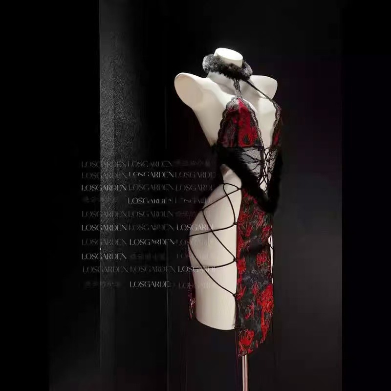 Ancient-Style Cheongsam Lingerie Nightdress with High Slit, Polyester, One Size — detail image 2